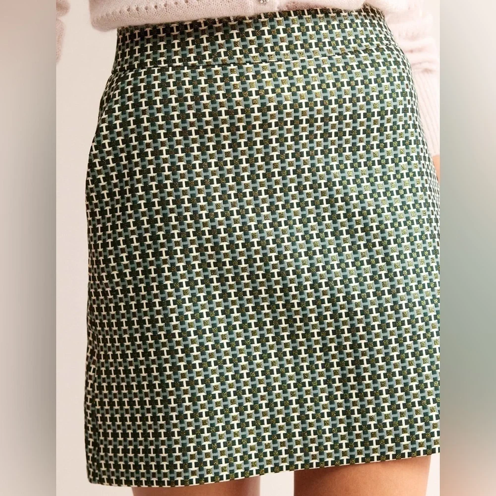 Boden NEW Women's Size US 8 A-Line Jacquard Mini Skirt Geometric Print Green